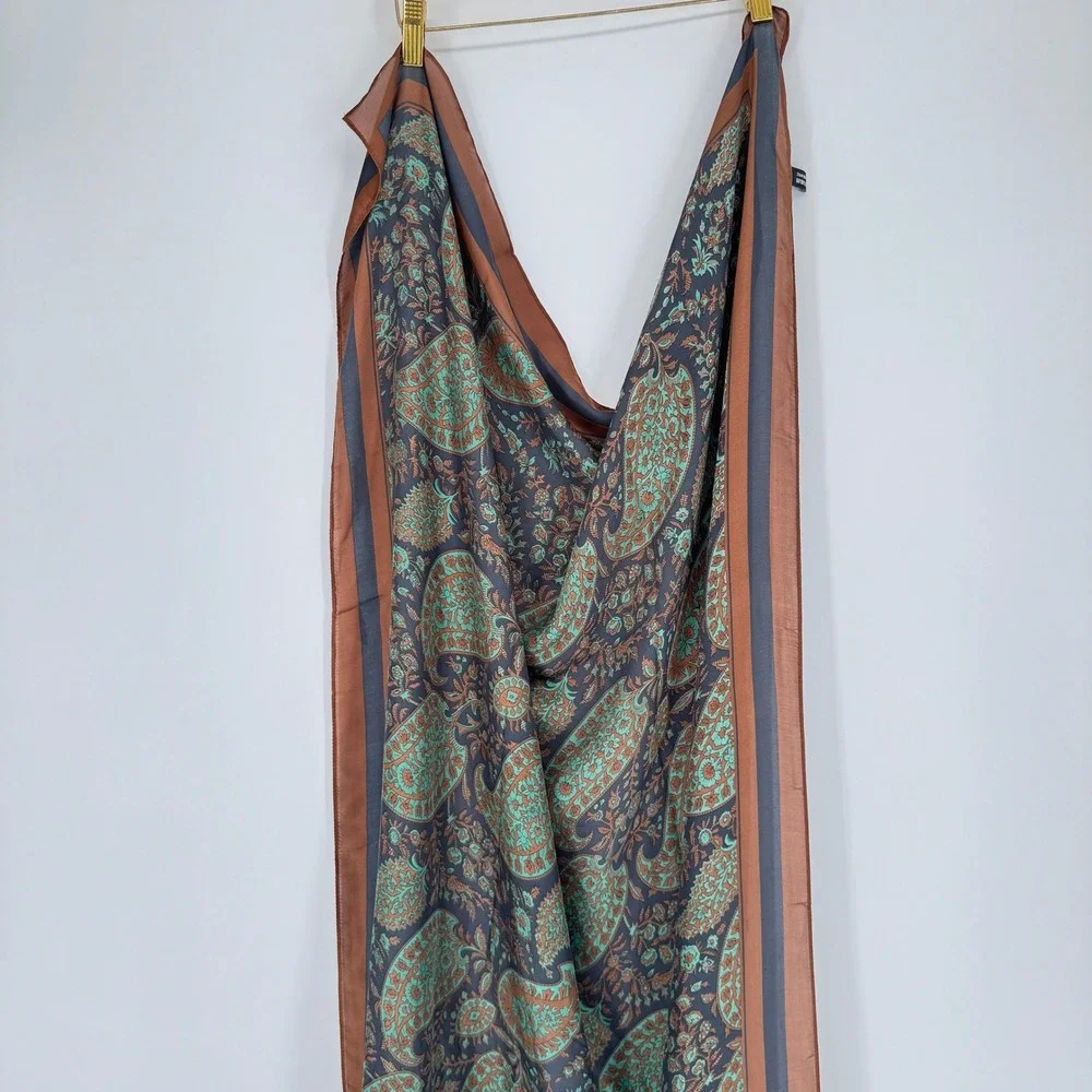 100% Silk Scarf Brown Paisley Bohemian Dark Academia Earthy Luxe Accessory